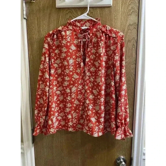 ZARA Red Floral Print Shirt Top Tied Ruffle Collar Long Sleeve Ruffle Trim Sz XS - Picture 1 of 8